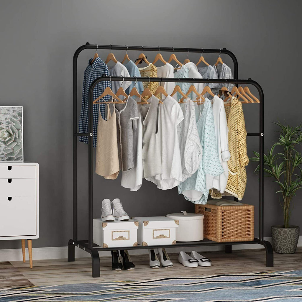 Heavy-Duty Double Clothes Rail with Shoe Shelf – Black Metal Garment Rack