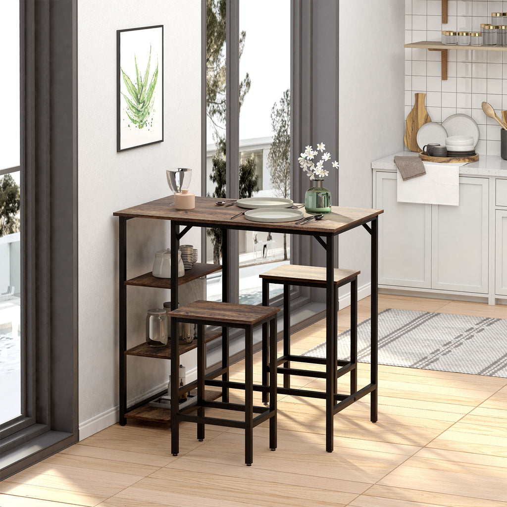 Industrial Bar Height Dining Table Set with 2 Stools & Side Storage Shelf