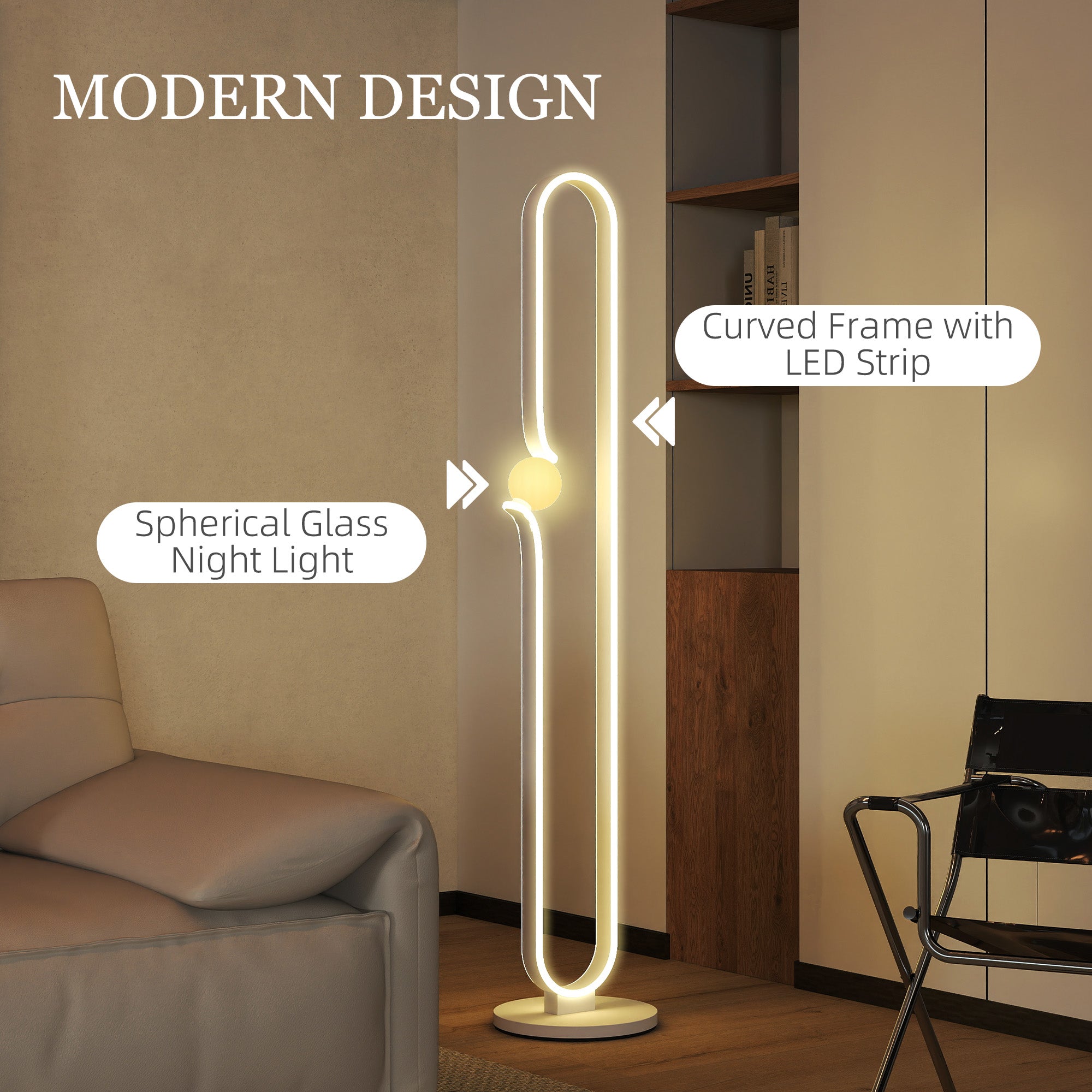 Sculptural LED Floor Lamp with Dimmable Glass Night Light – White