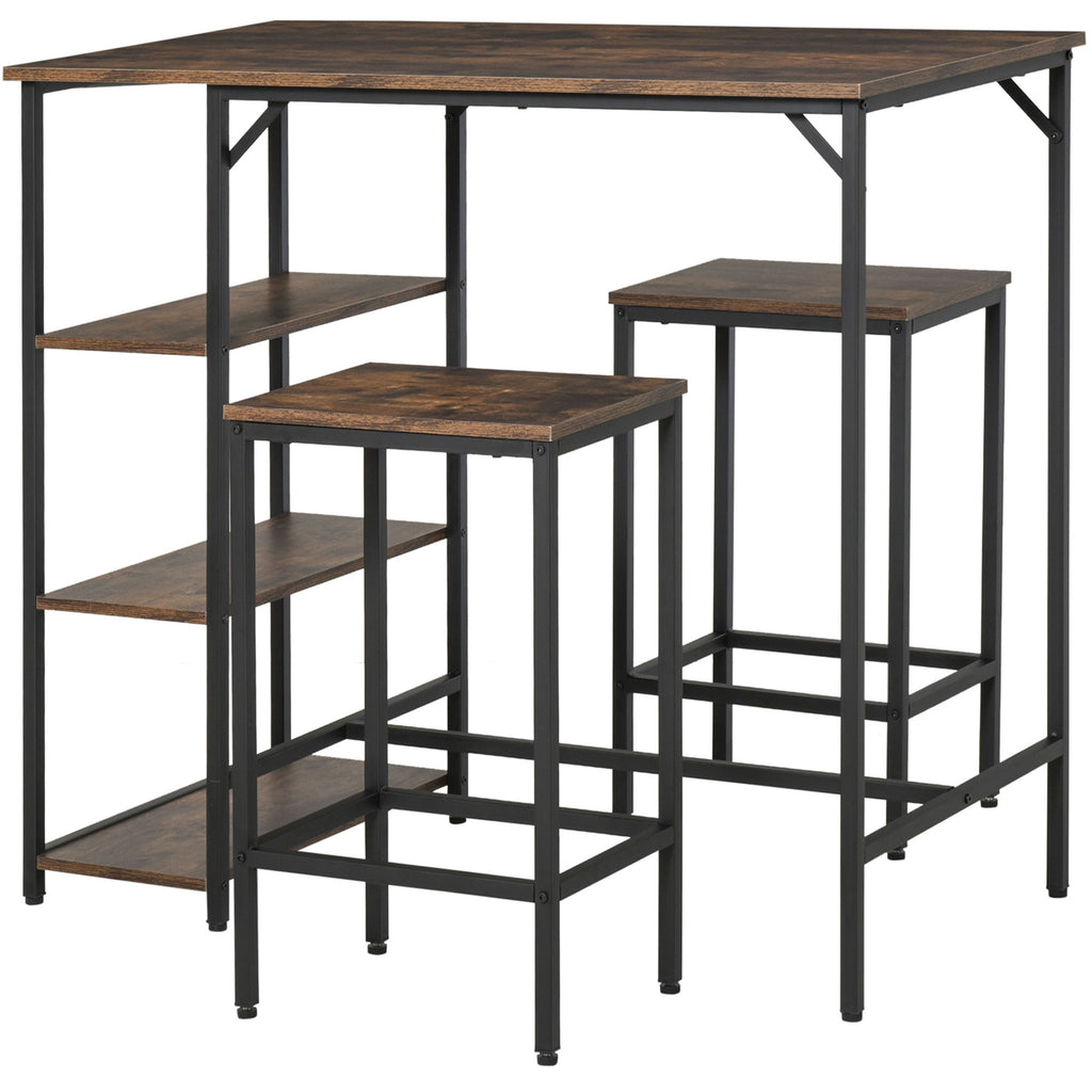 Industrial Bar Height Dining Table Set with 2 Stools & Side Storage Shelf