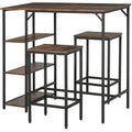 Industrial Bar Height Dining Table Set with 2 Stools & Side Storage Shelf