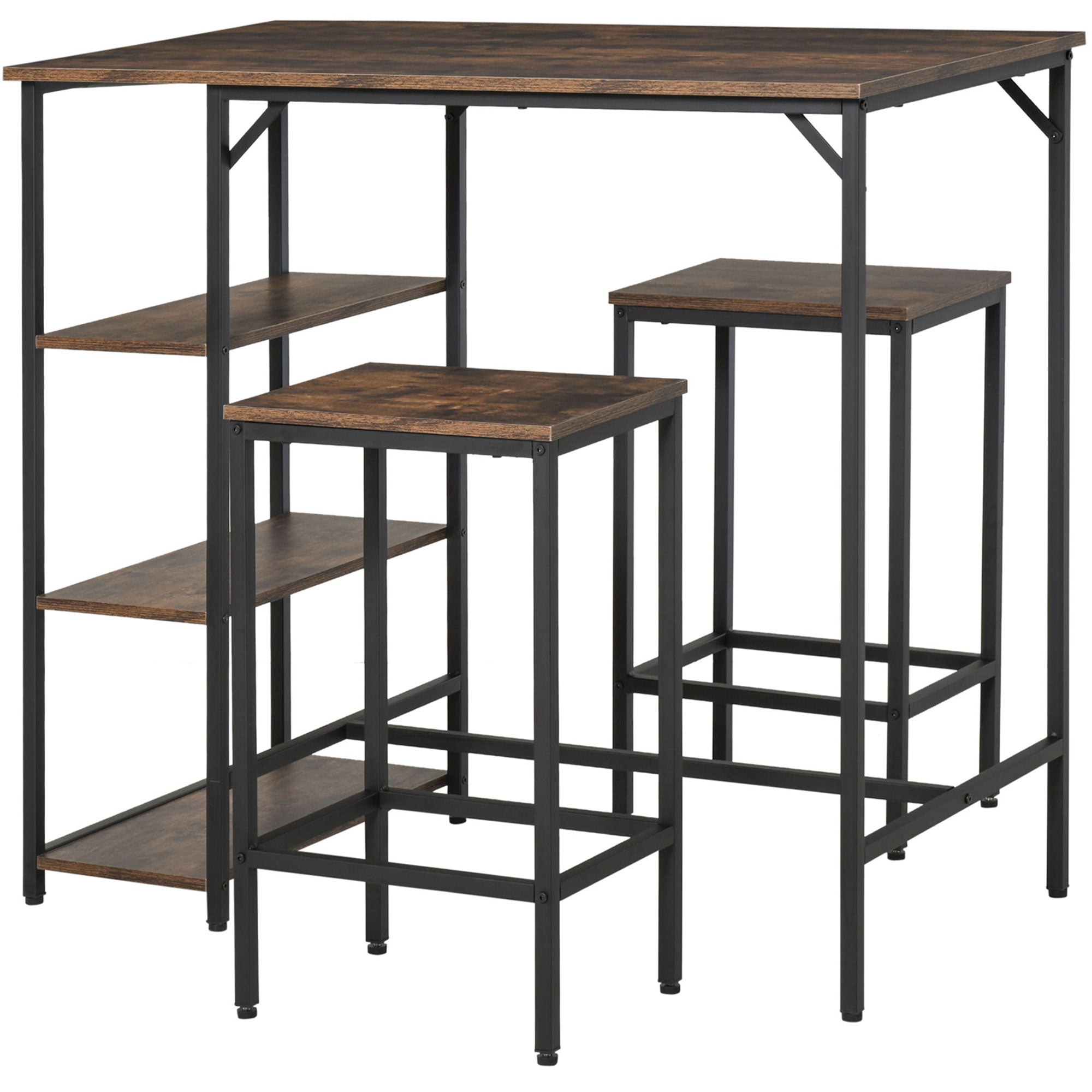 Industrial Bar Height Dining Table Set with 2 Stools & Side Storage Shelf