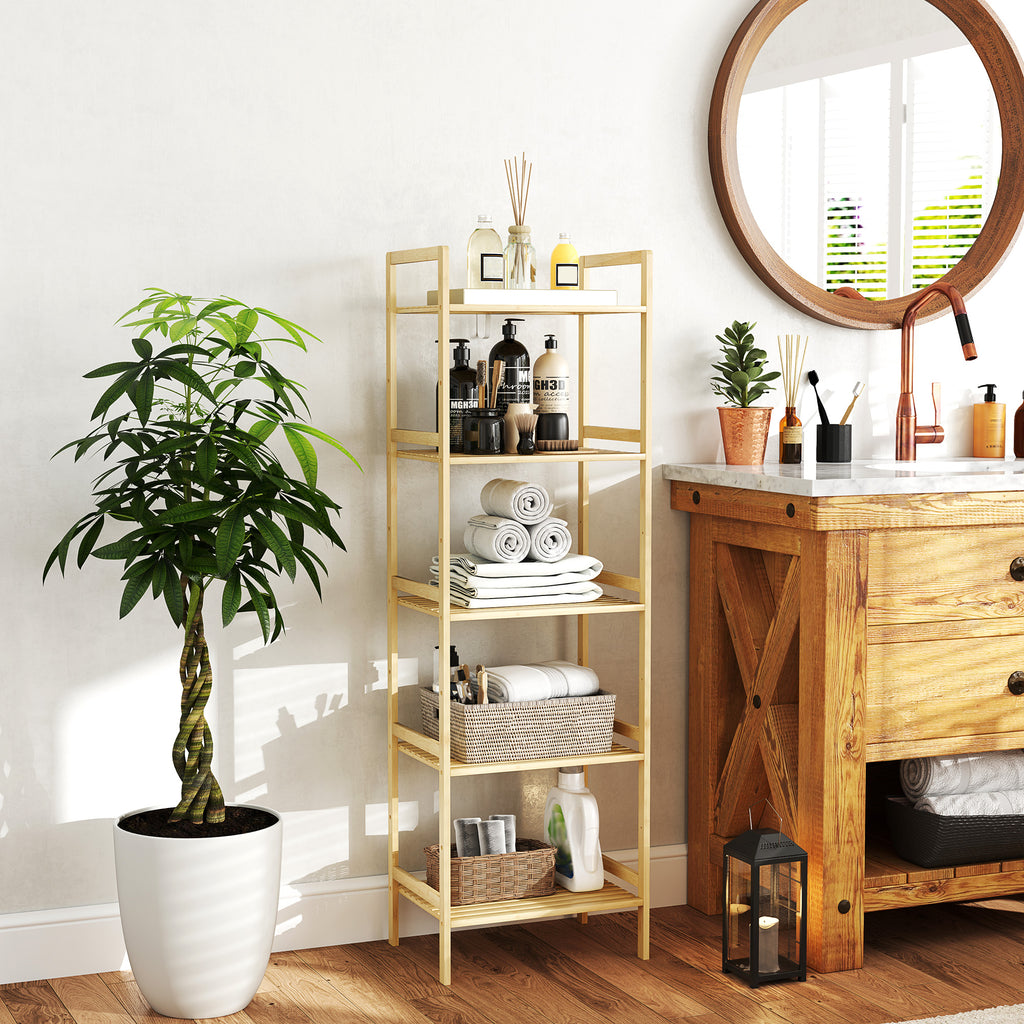 5-Tier Bamboo Bathroom Storage Shelf – Freestanding Natural Wood Shelving Unit