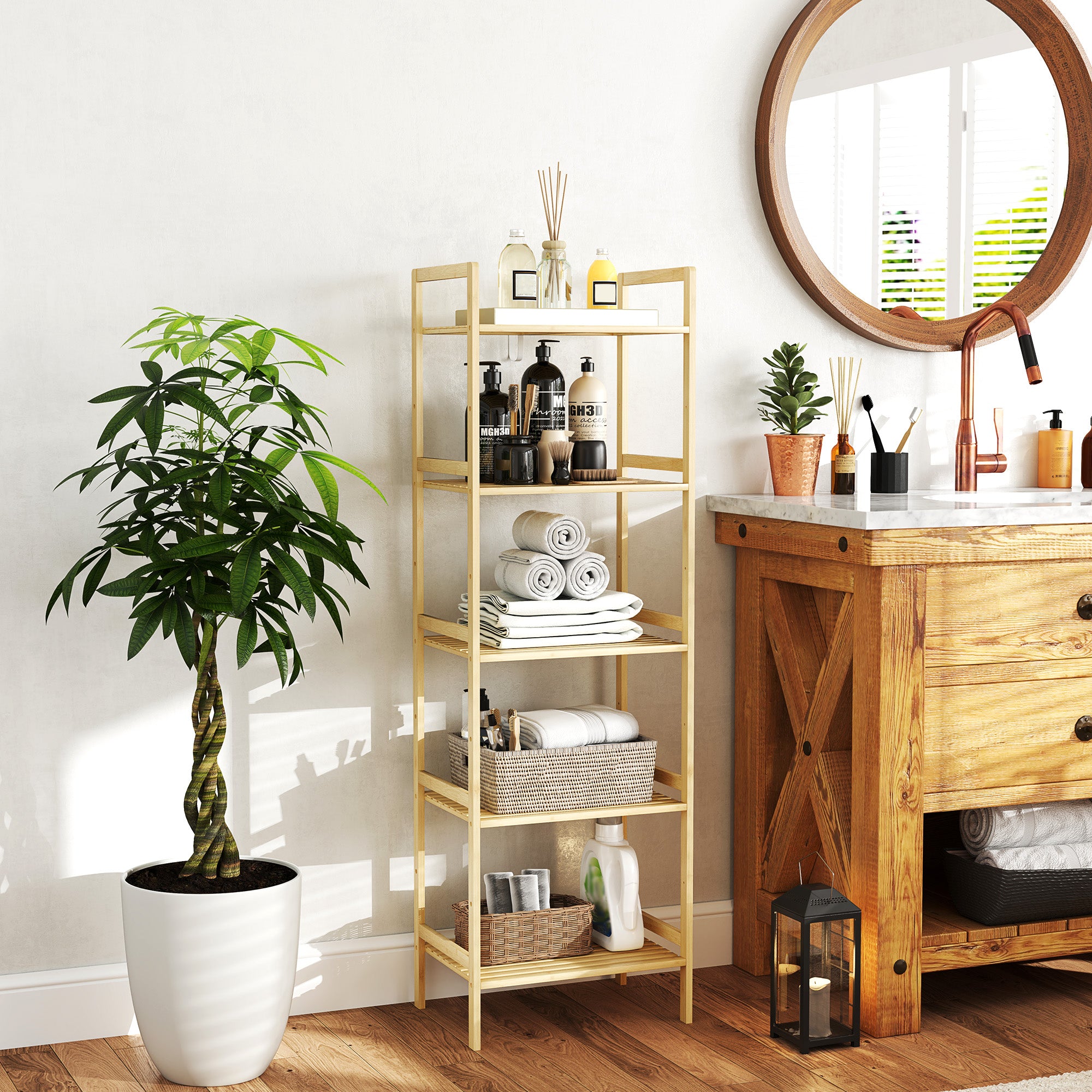 5-Tier Bamboo Bathroom Storage Shelf – Freestanding Natural Wood Shelving Unit