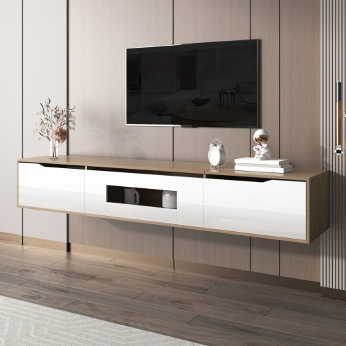Modern High-Gloss TV Cabinet with LED Ambient Lighting – White & Wood Finis