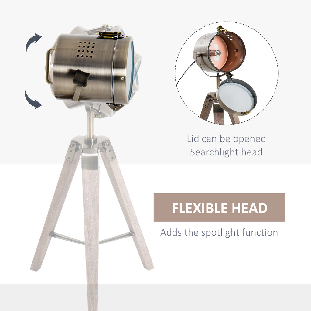 Vintage Tripod Table Lamp with Wooden Base – Industrial Spotlight Design