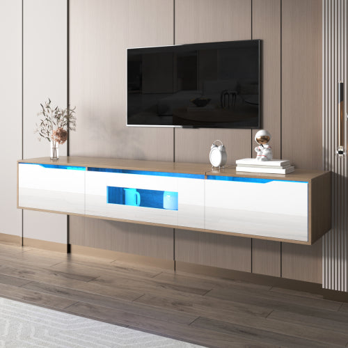 Modern High-Gloss TV Cabinet with LED Ambient Lighting – White & Wood Finis