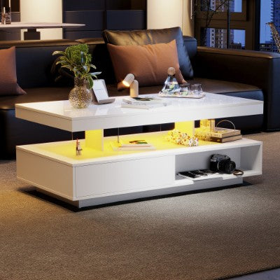 LED Coffee Table with Storage — High Gloss White