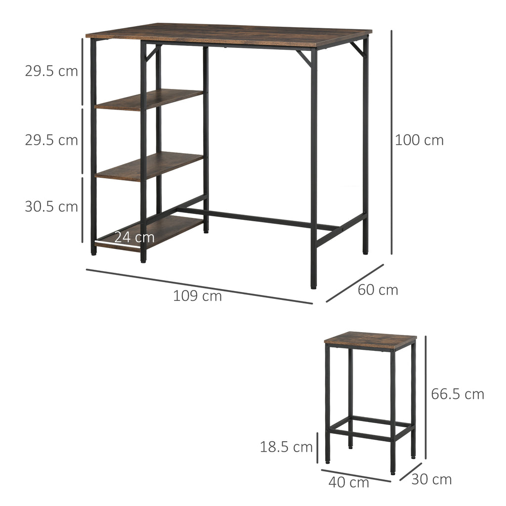Industrial Bar Height Dining Table Set with 2 Stools & Side Storage Shelf
