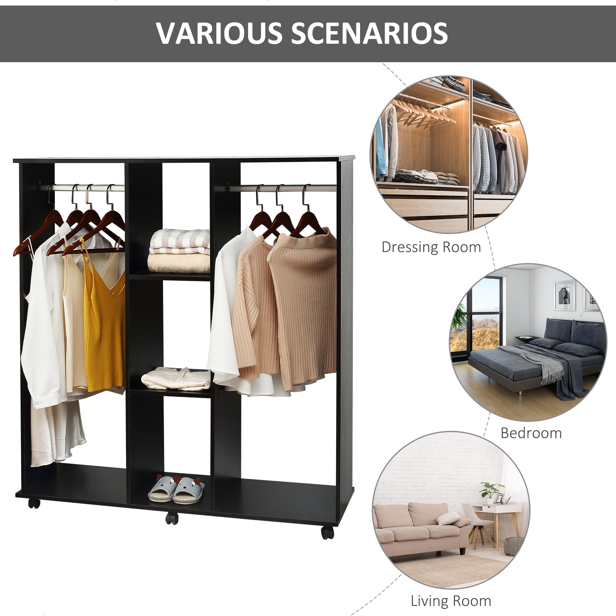 Open Wardrobe with Double Hanging Rails & Shelves – Mobile Storage Unit with Wheels