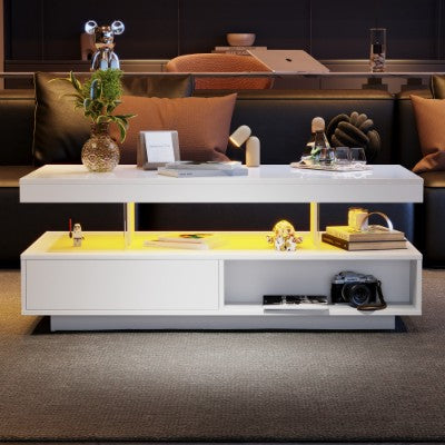 LED Coffee Table with Storage — High Gloss White