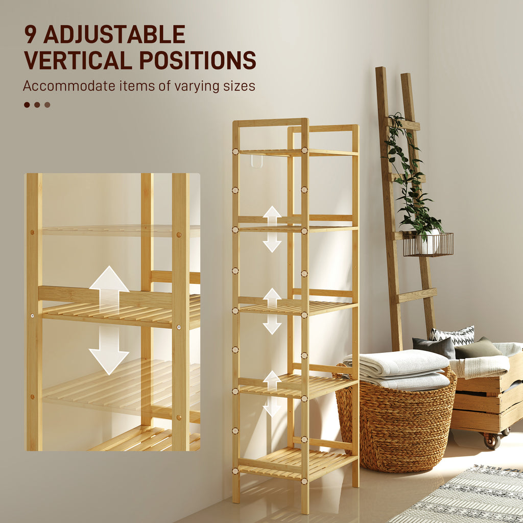 5-Tier Bamboo Bathroom Storage Shelf – Freestanding Natural Wood Shelving Unit