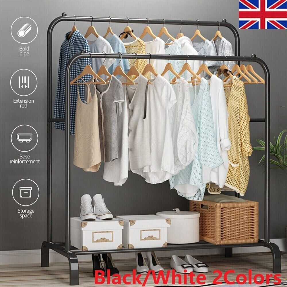 Heavy-Duty Double Clothes Rail with Shoe Shelf – Black Metal Garment Rack