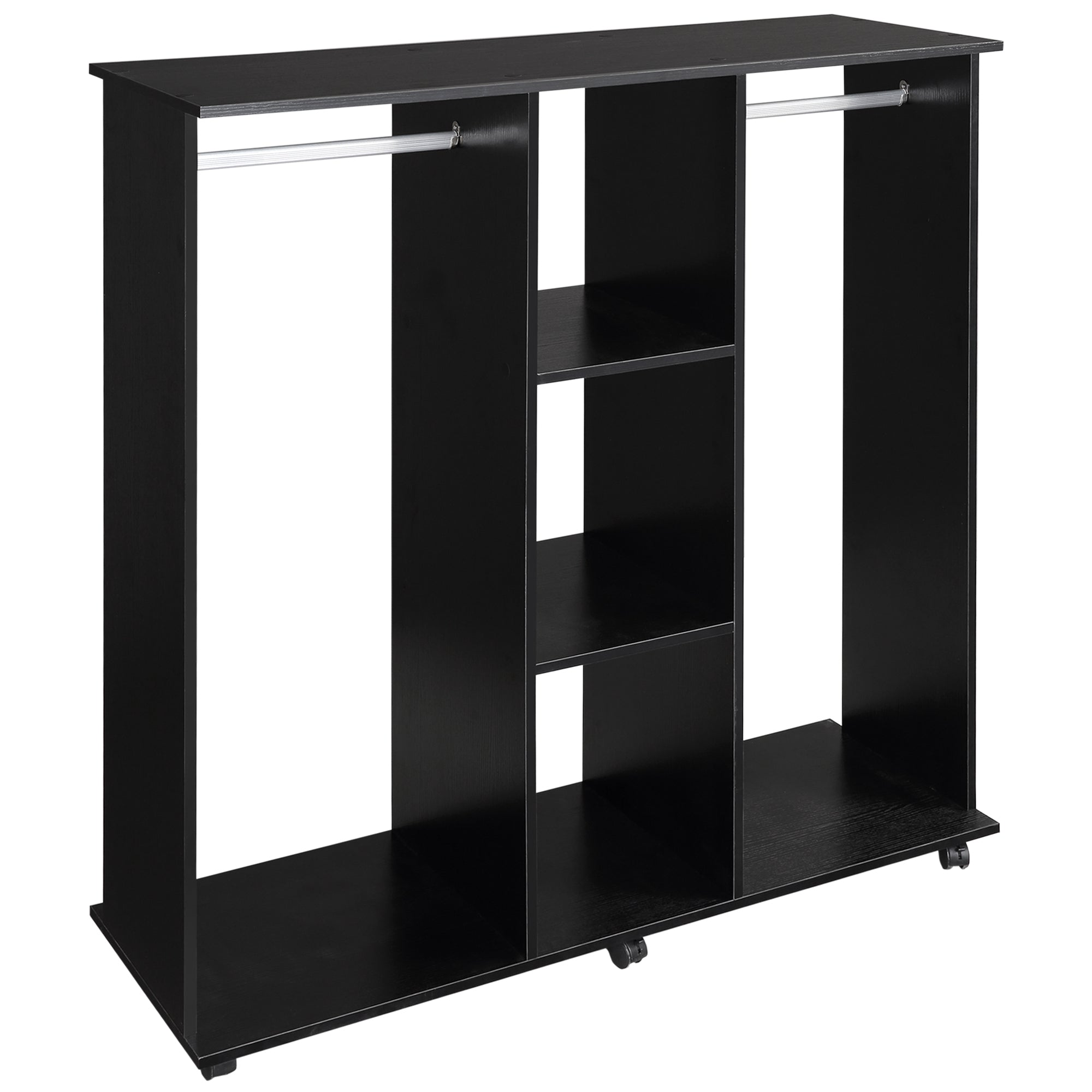 Open Wardrobe with Double Hanging Rails & Shelves – Mobile Storage Unit with Wheels