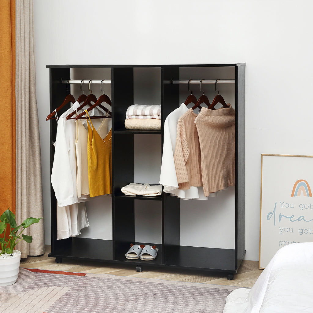 Open Wardrobe with Double Hanging Rails & Shelves – Mobile Storage Unit with Wheels