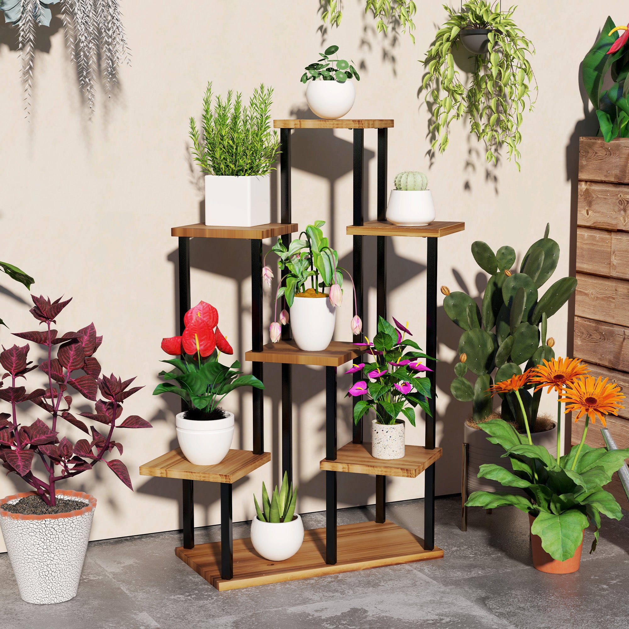 Seven-Tier Wooden Plant Stand | Space-Saving Indoor Plant Shelf