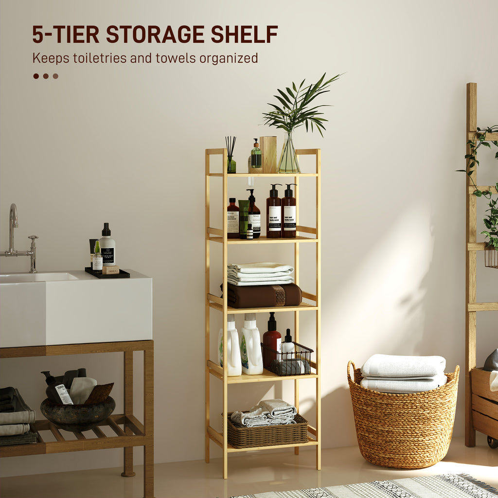 5-Tier Bamboo Bathroom Storage Shelf – Freestanding Natural Wood Shelving Unit