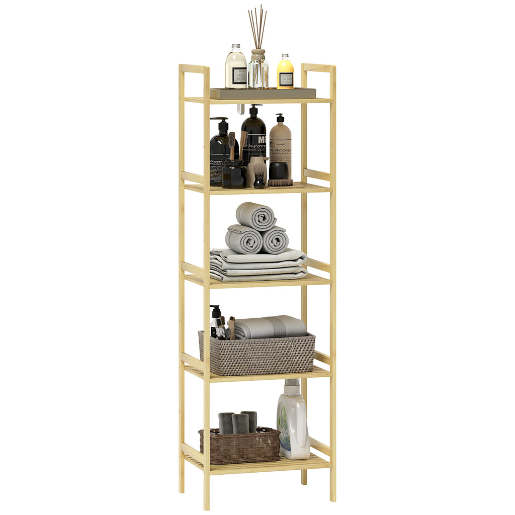 5-Tier Bamboo Bathroom Storage Shelf – Freestanding Natural Wood Shelving Unit