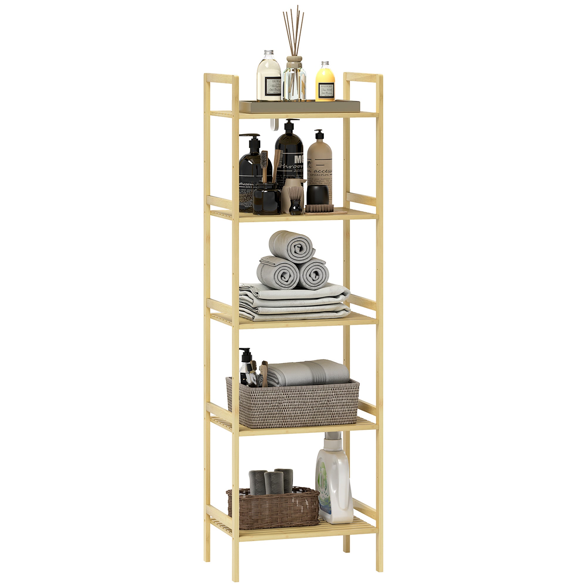 5-Tier Bamboo Bathroom Storage Shelf – Freestanding Natural Wood Shelving Unit